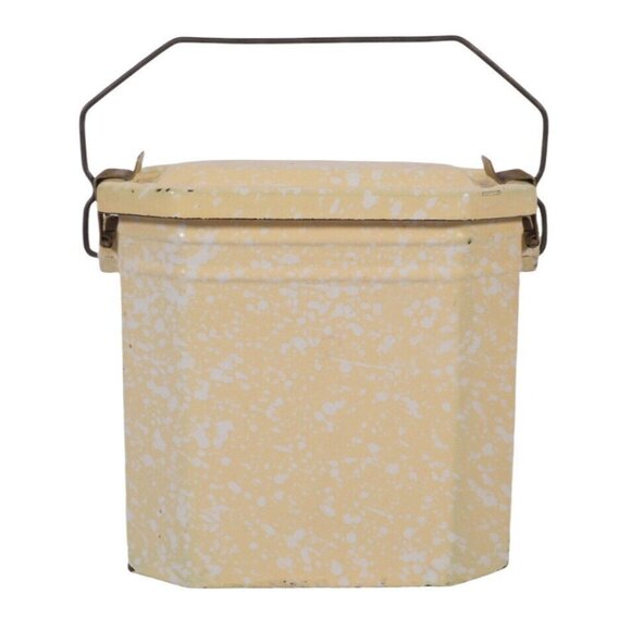 Antique French Lunchbox Granite Enamel Ware Yellow White Green Speckled 3 Pc Set - Picture 2 of 10
